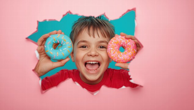 Joyful boy holds two donuts against pink background. Suitable for childrens birthday cards, dessert shop flyers, and candy store promotions.