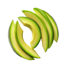Close-up of thin fresh ripe avocado slices isolate on transparency background