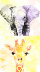 A watercolor illustration of safari animals in gentle pastel tones.

