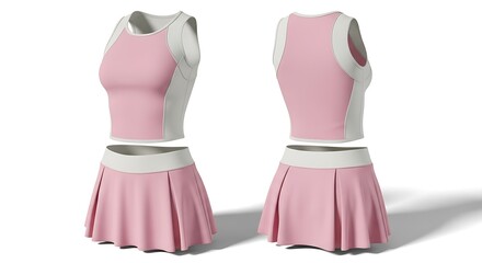 Obraz premium A pink and white athletic tennis outfit for women, featuring a cropped tank top and a pleated skirt, shown from front and back.
