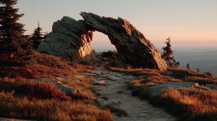 Rocky archway at sunrise in mountain landscape