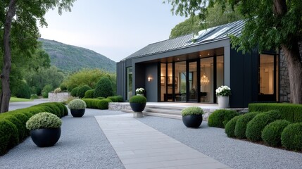 Modern home exterior with manicured landscaping, gravel path, and mountain view