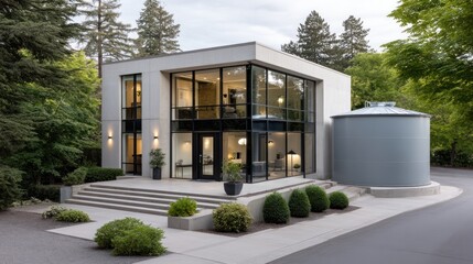 Modern, light-gray house with large windows, surrounded by trees and landscaping, a gray water tank in the background