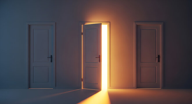 Three doors, one slightly open with light shining through, in a dark room