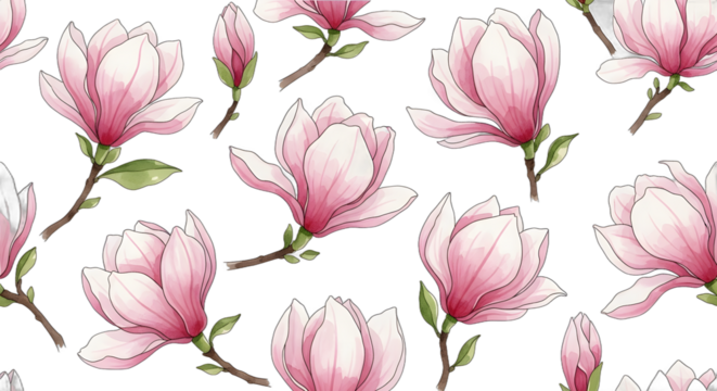 Beautiful Pink Magnolia Blossoms in a Seamless Pattern.