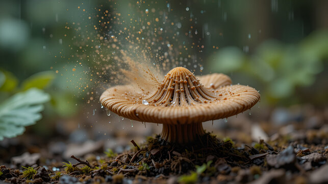 Collared earthstar releasing a cloud of brown dust-like spores in response to impact of falling raindrops