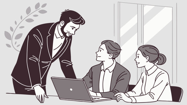 Business meeting colleagues collaborating on laptop teamwork office scene professional discussion manager mentoring guidance consultation cooperation partnership project planning stra.