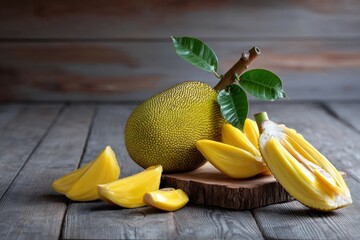 Fresh jackfruit, sliced and whole, on rustic wooden surface
