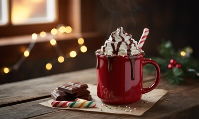 Warm, festive hot chocolate in a red mug