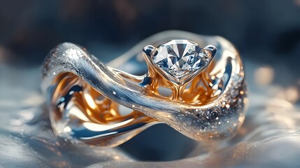 Diamond ring shaped from flowing liquid metal frozen mid-motion, futuristic jewelry concept with surreal metallic textures

