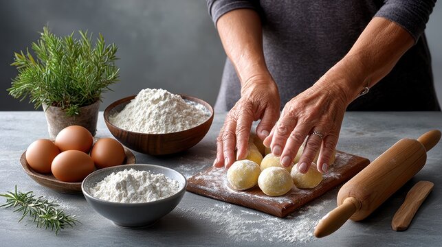 Hands kneading dough, preparing dumplings