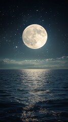 Large Moon Shining Brightly Above the Ocean Surface and Partially Cloudy Starry Sky
