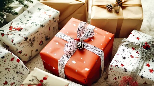 Festive gift box holiday present Christmas wrapping winter decor ribbon bow pinecone ornament cozy carpet seasonal pattern warm light celebration