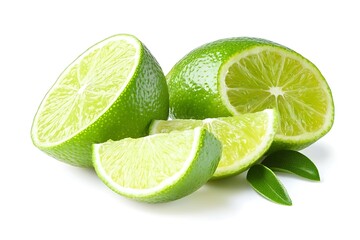 Limes and Lime Wedges Arranged with Leaves Against a White Background Studio Shot