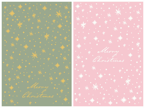 Hand drawn christmas card design template set with sparcle stars, pink and white, green and gold.