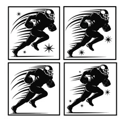 Obraz premium Four black and white illustrations of American football players running with the ball, set in a grid pattern.