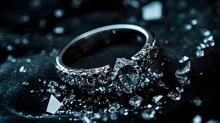 Luxury diamond ring cracked down the middle with shattered gemstones scattered across black velvet, dramatic surreal editorial symbolizing love and impermanence

