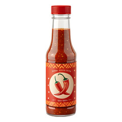Glass bottle of spicy red chili sauce with peppers on label
