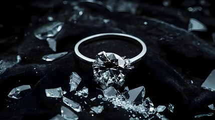 Luxury diamond ring cracked down the middle with shattered gemstones scattered across black velvet, dramatic surreal editorial symbolizing love and impermanence
