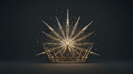 A radiant gold crown, intricately detailed, sits on a dark surface, emanating a burst of glittering light and sharp points