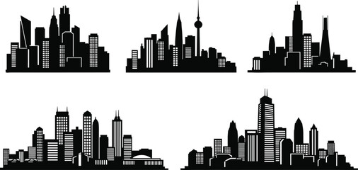 Modern city skyline silhouettes illustration, urban architecture landscape, black skyscraper buildings vector, downtown cityscape design for real estate, business