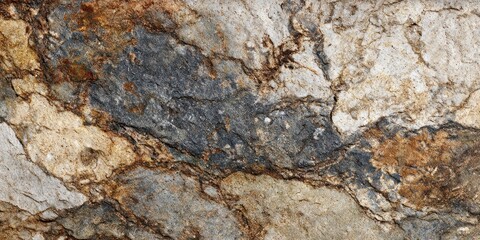 Close-up view of rough, textured rock face with various shades of brown, gray, and tan