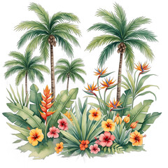 Fototapeta premium Tropical paradise watercolor painting with palm trees and vibrant flowers.
