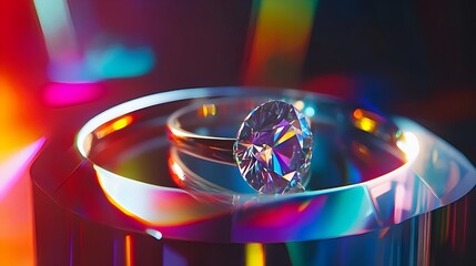 Macro studio shot of diamond ring refracting rainbow light inside futuristic glass display, high-end luxury jewelry advertising with cinematic spotlight
