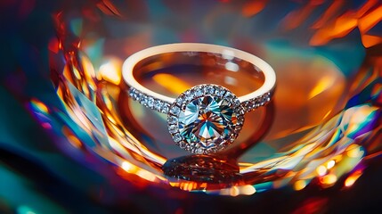 Macro studio shot of diamond ring refracting rainbow light inside futuristic glass display, high-end luxury jewelry advertising with cinematic spotlight
