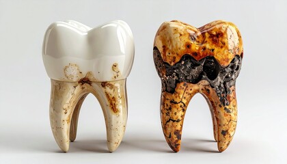 A detailed visual comparison between a clean healthy molar and a tooth with severe decay and caries
