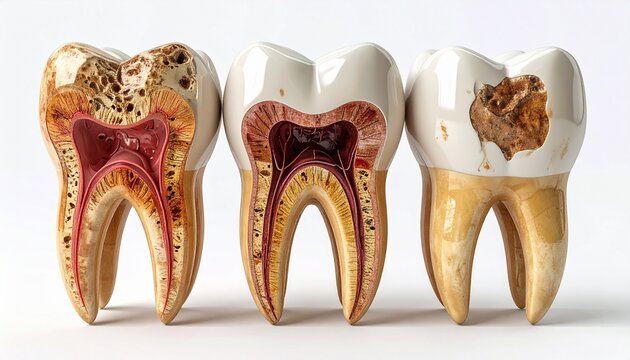 Detailed anatomical illustration comparing a healthy human tooth with stages of dental caries and decay