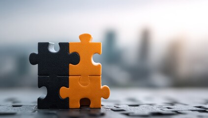 Two puzzle pieces, black and orange, joined, on a table, city skyline in background