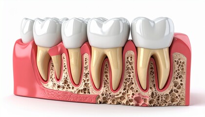 Cross-section of human jaw showing the progression of periodontal disease with bone loss and tooth instability