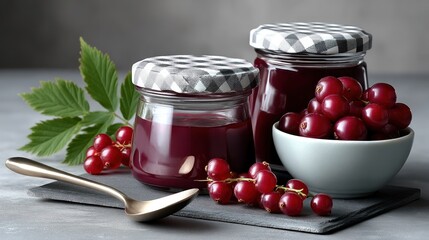 Two glass jars of red currant jam, fresh currants, and a spoon on a slate placemat
