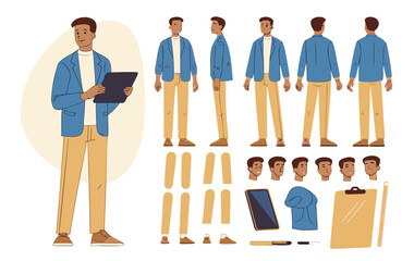 Fashionable business man holding tablet. Character constructor for animation. Front, side and back view set. Body parts, postures, poses collection. Vector illustration.