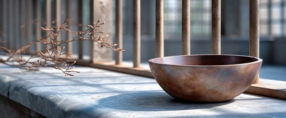 Rustic bowl on a windowsill with dried flowers