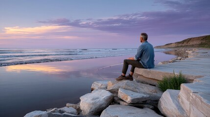 Man sits on rocks, contemplating sunset over tranquil water