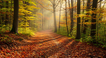 Obraz premium Autumn Leaves Path A Misty Forest Walk Through Vibrant Orange and Brown Hues
