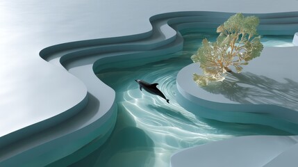 Dolphin in a serene, abstract, light-blue, layered landscape