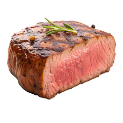 Close-up of a juicy grilled steak cut in half with rosemary beef meat