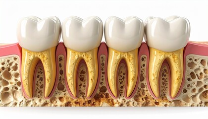 A detailed 3D medical illustration showing a cross-section of teeth with advanced periodontal disease and alveolar bone loss