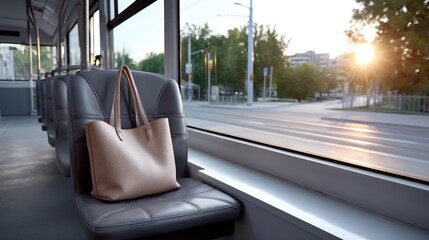 Beige tote bag on a city bus seat, sunlit window view