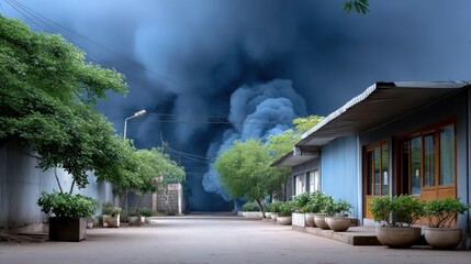 Narrow street lined with buildings, smoke billows overhead
