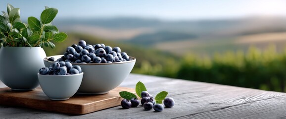 Fresh blueberries in a light gray bowl on a wooden table outdoors, with a scenic background