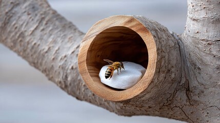 Honeybee in wooden tree hollow