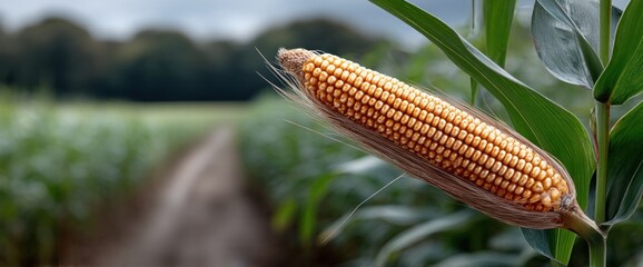Close-up of a ripe corn cob in a field
