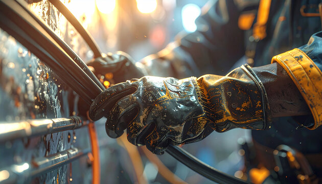 Welder's Precision: A skilled welder, fully protected in gloves and protective gear, focuses on a detail of industrial craft with precision in a dynamic, high-action shot.