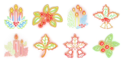PNG Festive neon holiday decorations, element set on transparent background