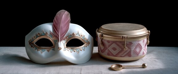 Ornate masquerade mask beside a decorated drum