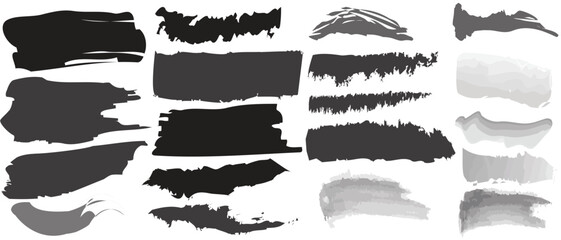 A collection of textured, abstract paint and ink brush strokes in a bold, modern style, ideal for overlays and graphic design elements.